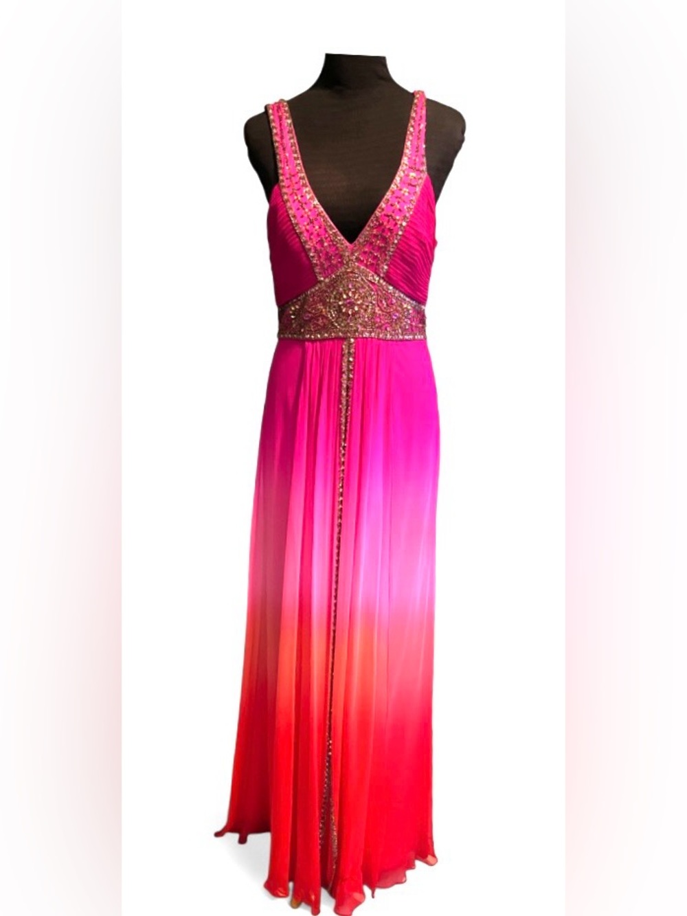 SUE WONG Embellished Ombre Pink to Red V-Neck Evening Dress